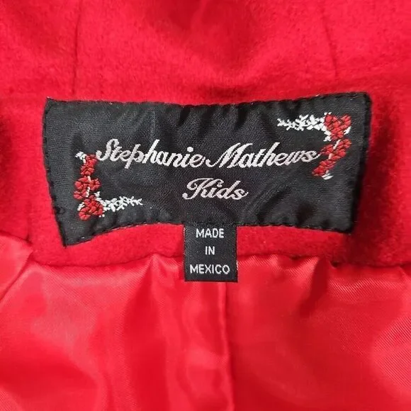 Stephanie Matthews Girls 100% Wool Red Jacket Coat Black Velvet Size 5 Long Hood
